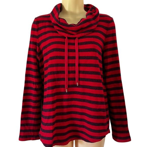 Chaps Denim Size M Red & Navy Striped Top Pullover Cowl Neck Long Sleeves - Picture 1 of 8